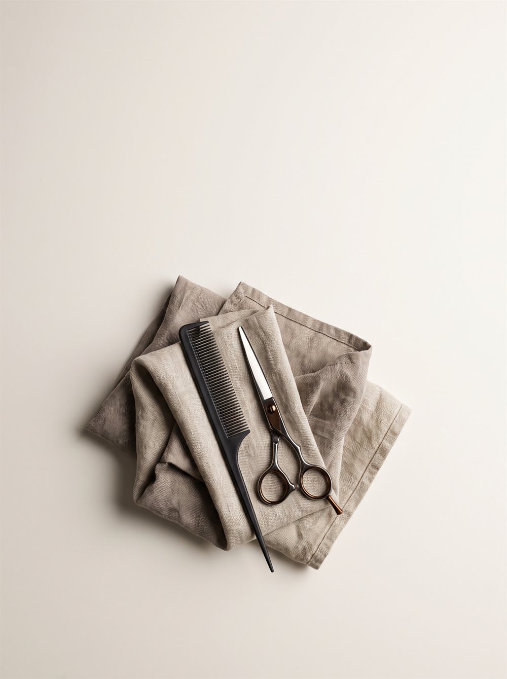 Tail comb and barber scissors resting on linen