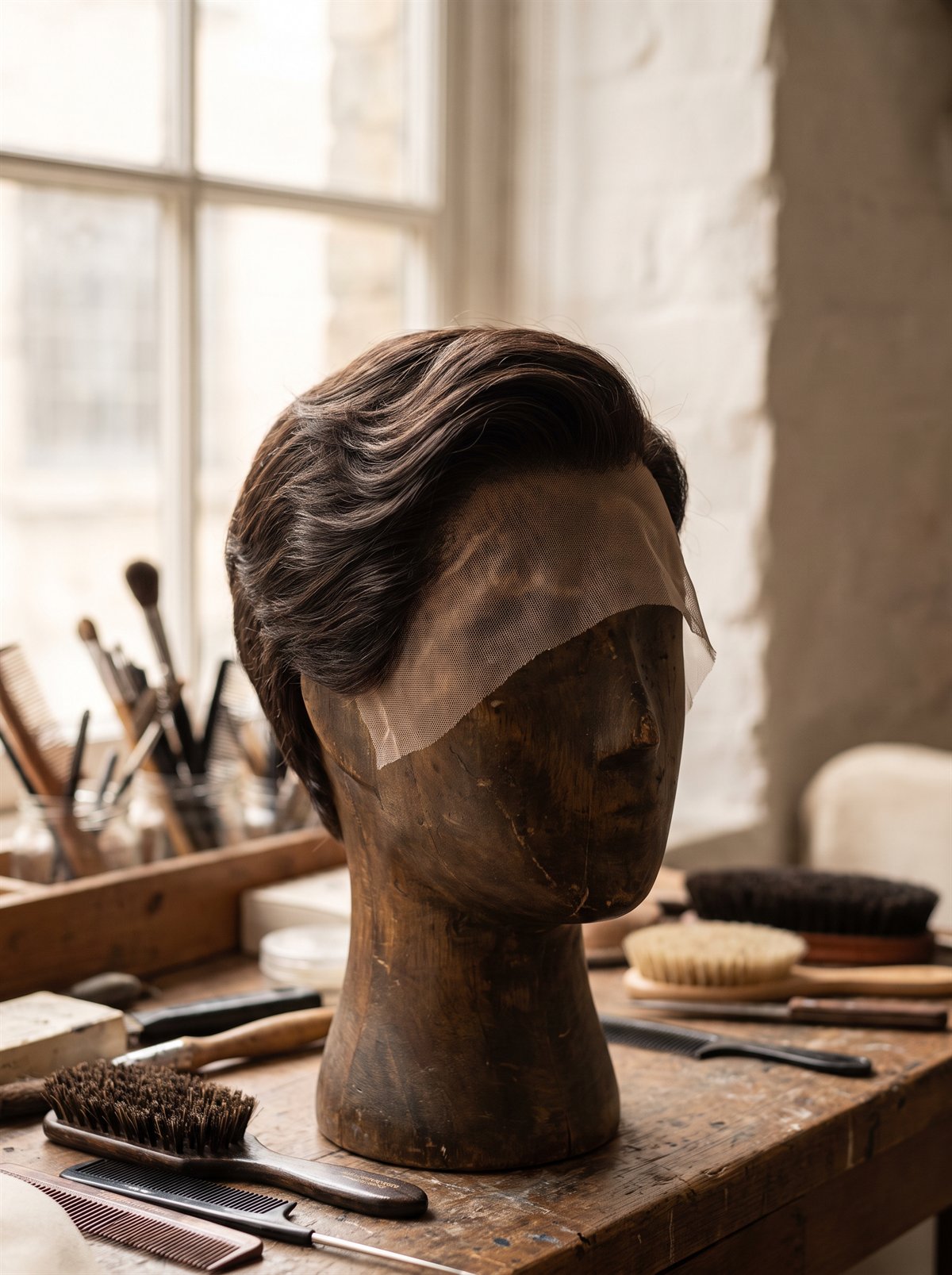 A finished hair system resting on a wooden block head in the atelier